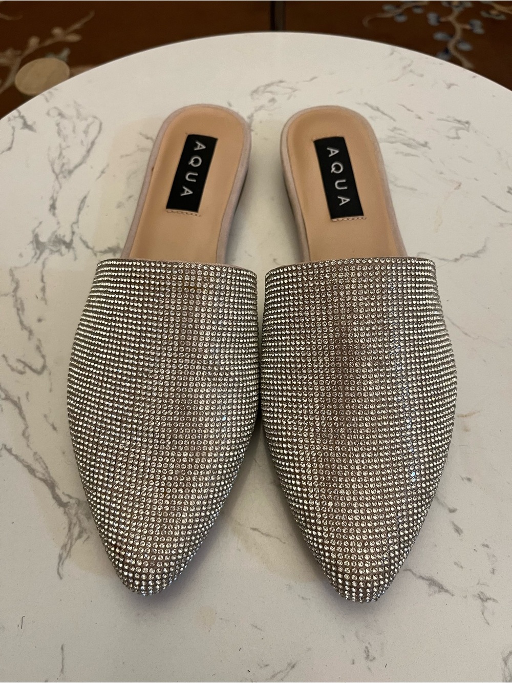 Aqua Silver Crystal Pointed-Toe Slip-On Mules